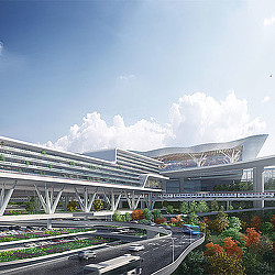 A large building with a parking lot.